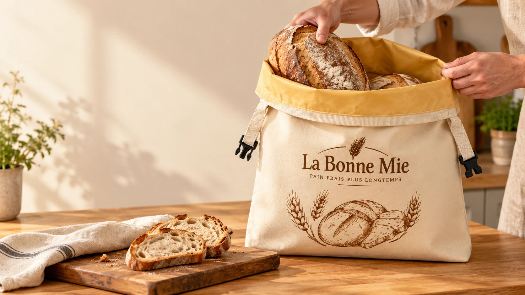 Les mains placent un pain dans le sac ouvert La Bonne Mie