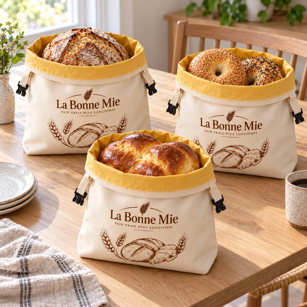 Exemples d’usages des sacs La Bonne Mie : miche, bagels et brioche