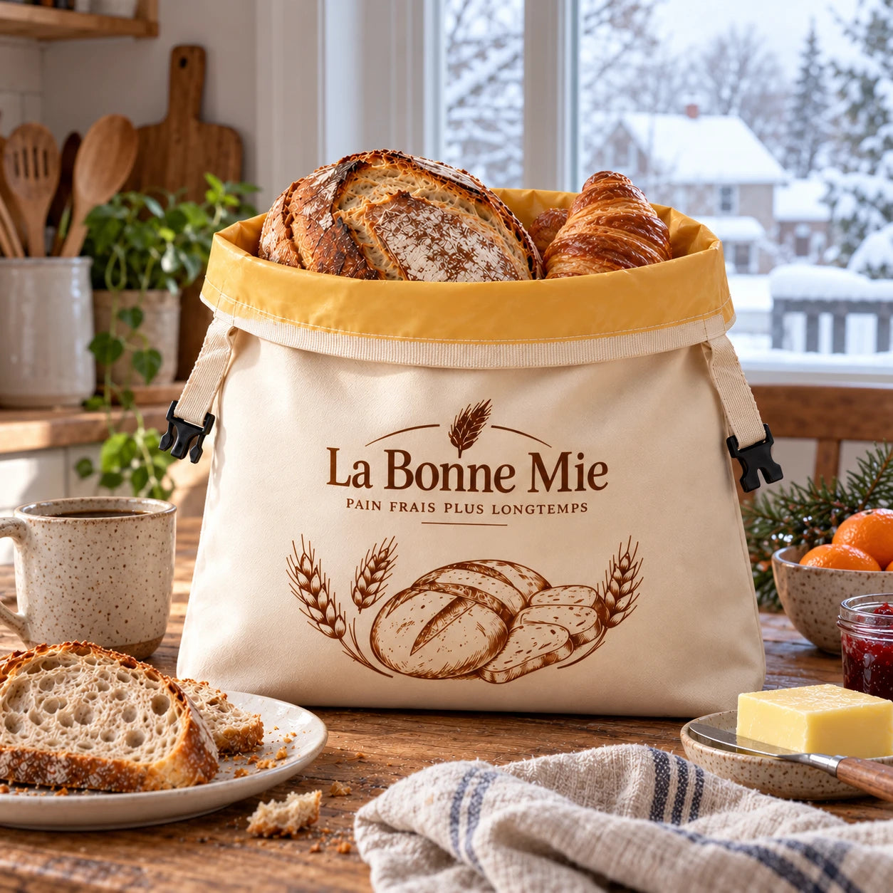 Pain et croissant dans le sac, dans une cuisine avec neige dehors