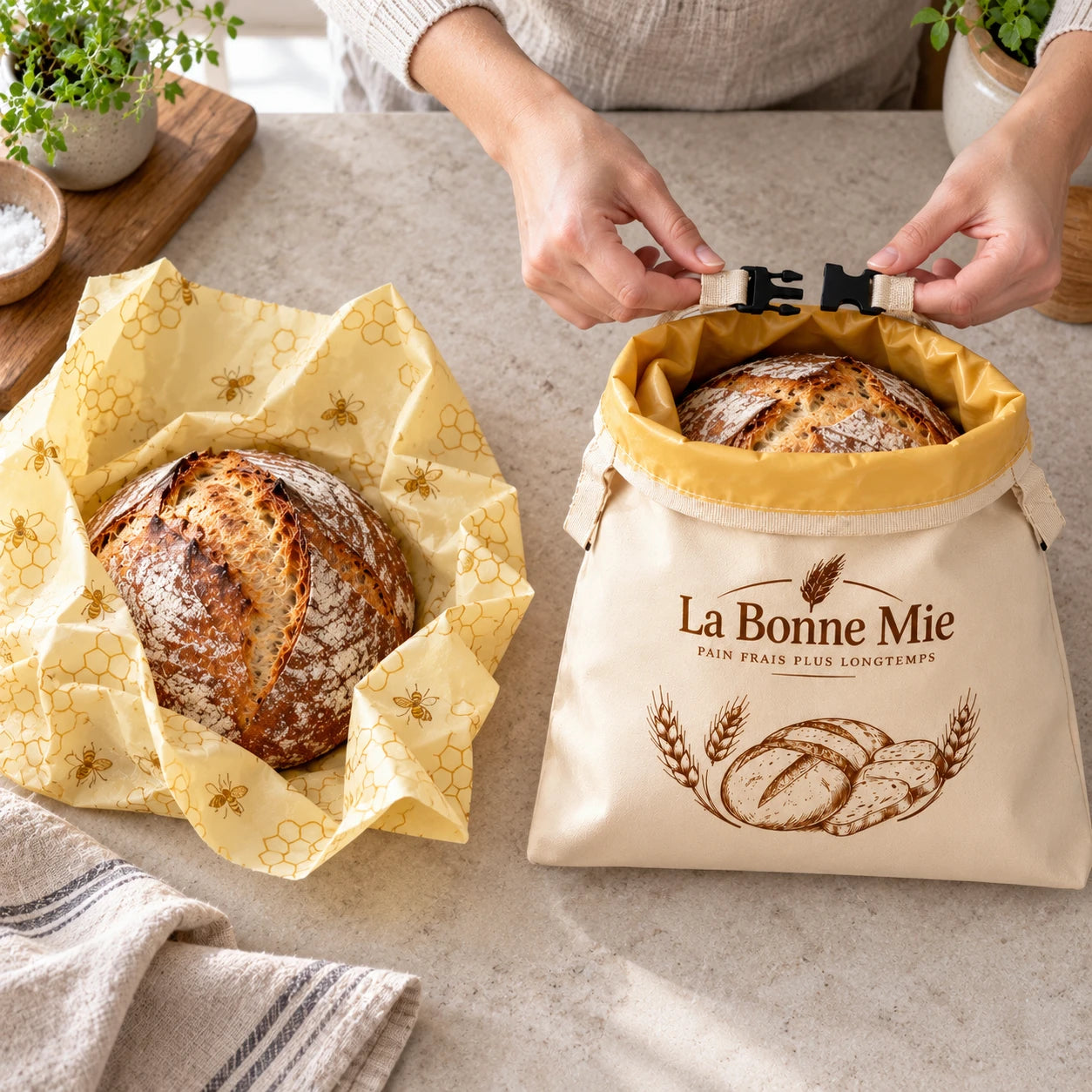 Wrap ouvert et fermeture du sac La Bonne Mie avec ses attaches