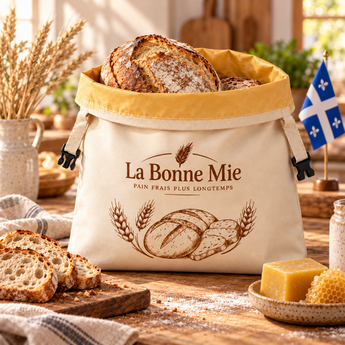 Sac La Bonne Mie ouvert avec pain artisanal, coton enduit de cire d’abeille et fermeture à rabat sans zipper